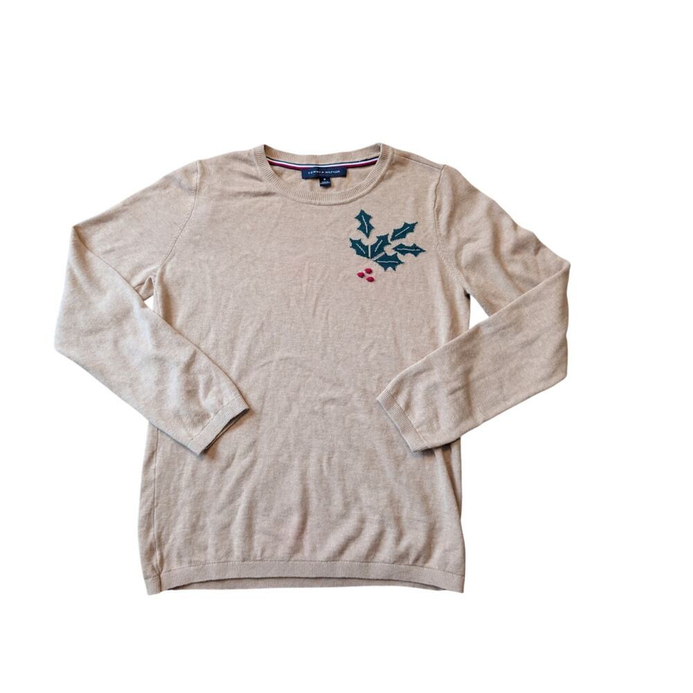 Tommy Hilfiger Women's Holly Christmas Sweater Embroidered Tan Beige M